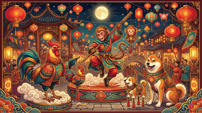Festive monkey king holding a lantern alongside a rooster and shiba inu during lunar celebration