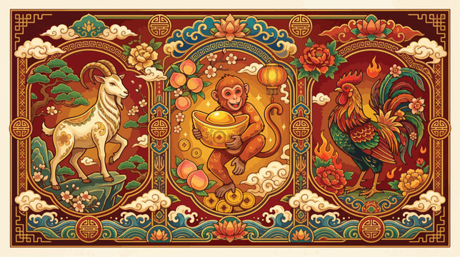 Intricate chinese zodiac illustration featuring a goat a monkey and a rooster in vibrant colors