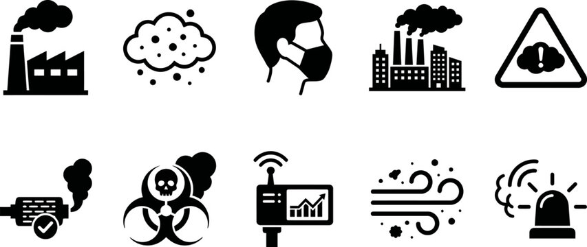 Black silhouette icons depicting environmental pollution and industrial issues on white background