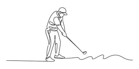 Single line drawing of a man playing golf, hitting the ball with a club © Bobita