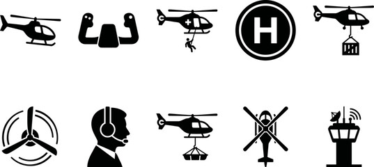 Black silhouettes of various helicopter icons and symbols on white background © SAYEDAJANNATUL