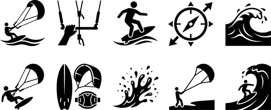 Black silhouettes of various surfing and kitesurfing icons and symbols on white background
