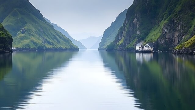 A narrow sea inlet with calm water reflecting steep green hills.