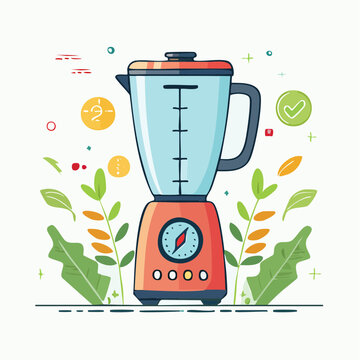 Illustration of a Blender with Leaves and Decorative Elements