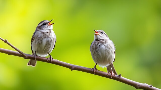 Two small songbirds on branches, one with beak open in morning light.