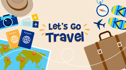 travel banner with Let's Go Travel text typography surrounded by vacation items like suitcases, passports, camera, and map. Vector background layout for holiday tour and agency promotions. © GunArtCreative
