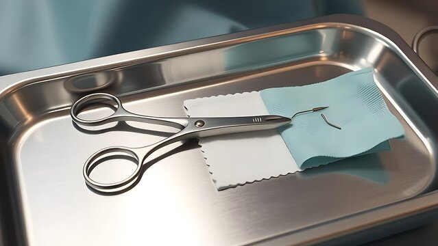 Stainless steel surgical tray, one hemostat aligned with a curved suture needle and gauze pad, clean clinical setting.