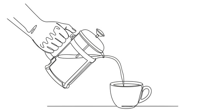 Hand pouring coffee from French press into cup, minimalist line art