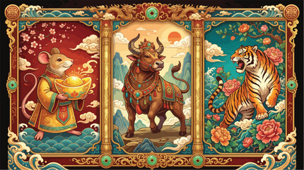 Obraz premium Ornate artistic illustration featuring three traditional chinese zodiac animals arranged in decorative golden framed panels