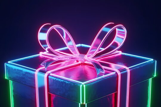 Close up neon gift box cyberpunk 3D graphic high resolution picture