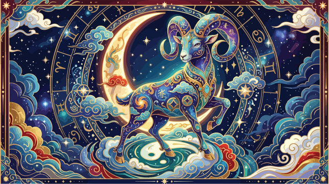 Intricate ram of aries zodiac sign featuring golden celestial patterns and vibrant blue cosmic nebula clouds