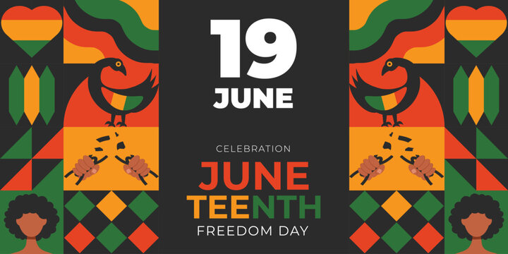 A colorful poster for Freedom Day. A modern vector design in a geometric style with symbolic birds, broken chains, and hearts.