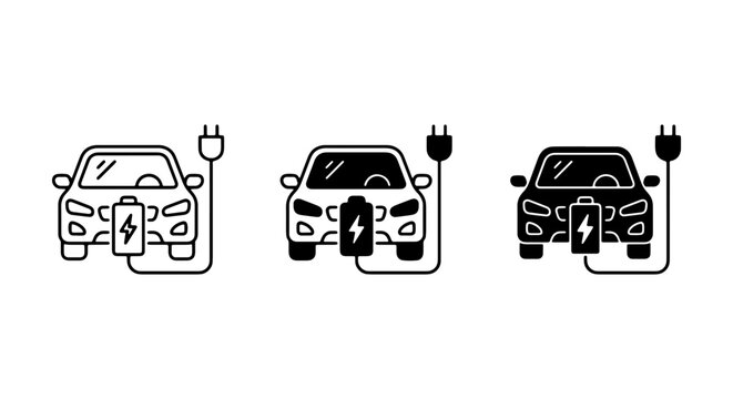 Electric Car Charging Icons, EV Battery Power Symbol, Clean Energy Vehicle Icons, Automotive Technology Vector Set