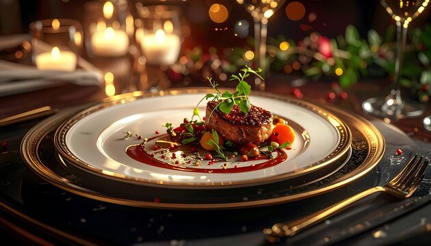 A luxurious dinner plate with gourmet food and elegant table setting