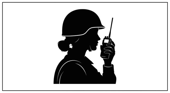 Silhouette of a soldier in helmet using a walkie-talkie, communication, military, technology
