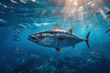 Fototapeta premium Large bluefin tuna swimming gracefully in clear ocean waters, surrounded by smaller fish and vibrant coral reef, illuminated by sun rays filtering through the surface