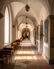 Obraz premium A long, sunlit corridor with arches and tables