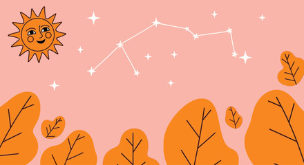 Whimsical sun and constellation illustration on a pink background with stylized foliage © Pecilia