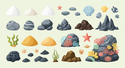 Vector illustration set of beach and underwater elements including sand, rocks, shells, and coral in cartoon style. © Pecilia