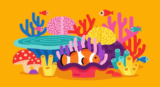 Vibrant coral reef with clownfish, brain coral, and anemone in flat design style