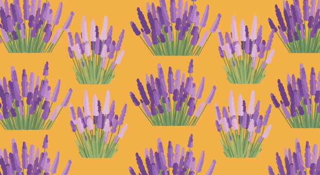 Seamless pattern of purple lavender plants with green stems on a warm orange background, flat design graphic element.