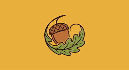 Autumn acorn and oak leaf graphic element in cartoon style, isolated on yellow background © reihan