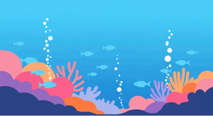 Underwater coral reef with fish and bubbles, flat graphic illustration style © saefullohyusuf