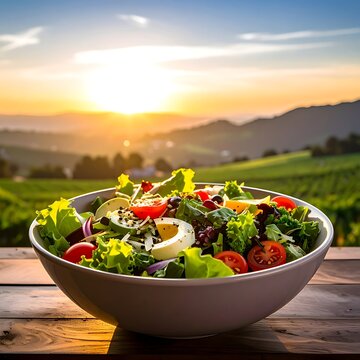 A bowl of colorful salad on a table with a sunset