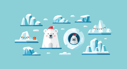 Cute polar bear and seal in festive Christmas hats with icebergs and gifts, flat vector illustration © siti