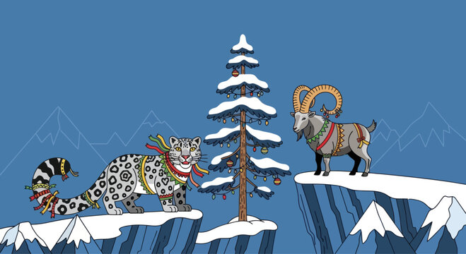 Cartoon mountain animals and decorated pine tree in snowy landscape, graphic element
