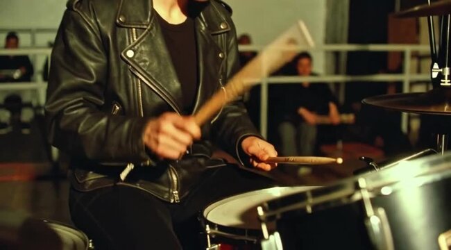 Woman playing drums in industrial space drummer