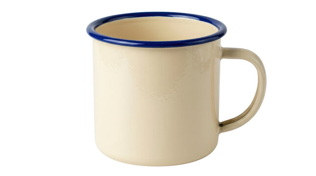 Vintage Cream Enamel Mug with Blue Rim Isolated