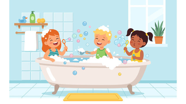 Happy Diverse Children Playing in Bubble Bath, Blowing Bubbles, Bathroom Fun