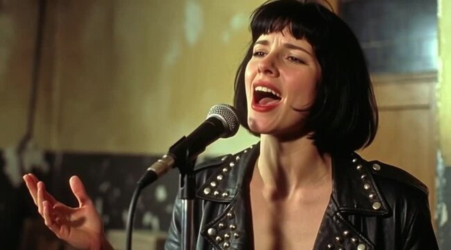 Female rock singer singing into microphone woman