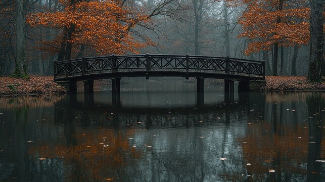 Wooden Bridge Over Dark Reflective Lake in Autumn Forest