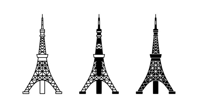 Tokyo Tower Vector Icons, Landmark Silhouette Collection, Modern Cityscape Building Graphics, Travel Landmark Symbols