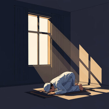 Vector illustration of a Muslim man in a white kufi and robe performing Sujud prostration on a prayer rug in a dark room with warm sunlight rays streaming through a window.