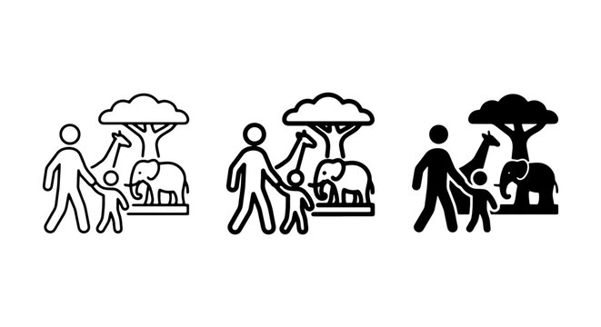 Zoo Icons Set: Family Visit, Safari Animals, Tree, Vector Graphics, Black and White Styles