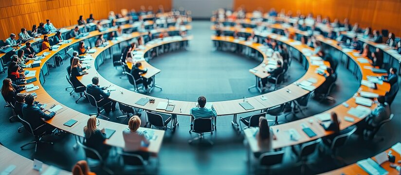 Large Corporate Conference Meeting in Circular Auditorium Hall