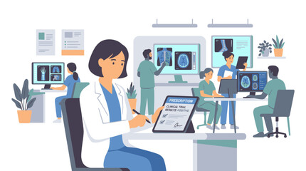 Fototapeta premium Healthcare Professionals Collaborating in Modern Medical Diagnostic Center.