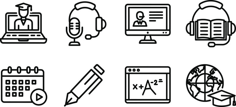 Online education and digital learning icon set for remote classrooms