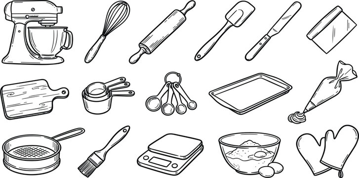 Baking and Pastry Cooking Utensils Line Art Vector Icon Set with Stand Mixer Whisk Rolling Pin Measuring Cups Piping Bag and Kitchen Tools