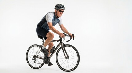 Fototapeta premium Smiling senior man enjoying a healthy and active outdoor ride on his modern road bicycle