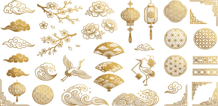 Chinese New Year Luxury Gold Vector Element Set with Traditional Lanterns Auspicious Clouds Cranes Fans Sea Waves Blossom Branches Patterns and Ornamental Corners