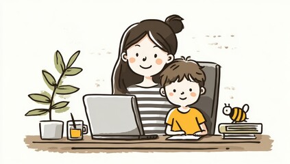 Fototapeta premium Illustration of a woman and child sitting at a desk with a laptop, surrounded by a plant, juice, books, and a cartoon bee, depicting a cozy home study environment