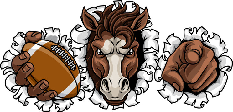 Horse mustang bronco stallion American football angry sports team mascot holding a ball.