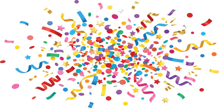 Colorful Confetti and Streamers Explosion Vector Background with Bright Flying Party Ribbons, Stars, and Tinsel Elements for Festive Birthday, Carnival, and Celebration Designs