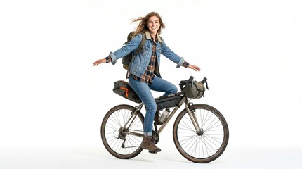Fototapeta premium Joyful Woman on Adventure Bicycle, Backpacking and Exploring with a Radiant Smile