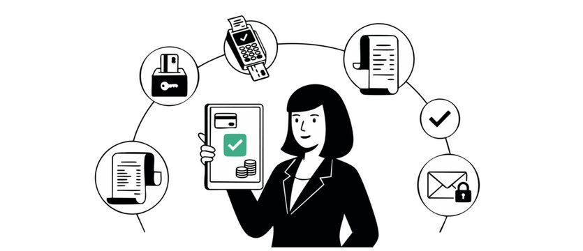 Secure mobile payment businesswoman showing online transaction processing on tablet computer, featuring billing icons and contactless finance checkout concept illustration in minimal vector line art s