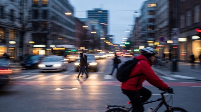 Dynamic urban street scene captured with motion blur at dusk, highlighting a cyclist and pedestrians navigating busy city streets illuminated by blurred car lights and vibrant street lamps